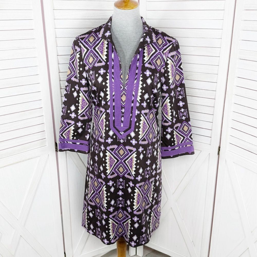 Tory Burch Ikat Tribal Print Cotton‎ Caftan Tunic Dress Brown Purple 6